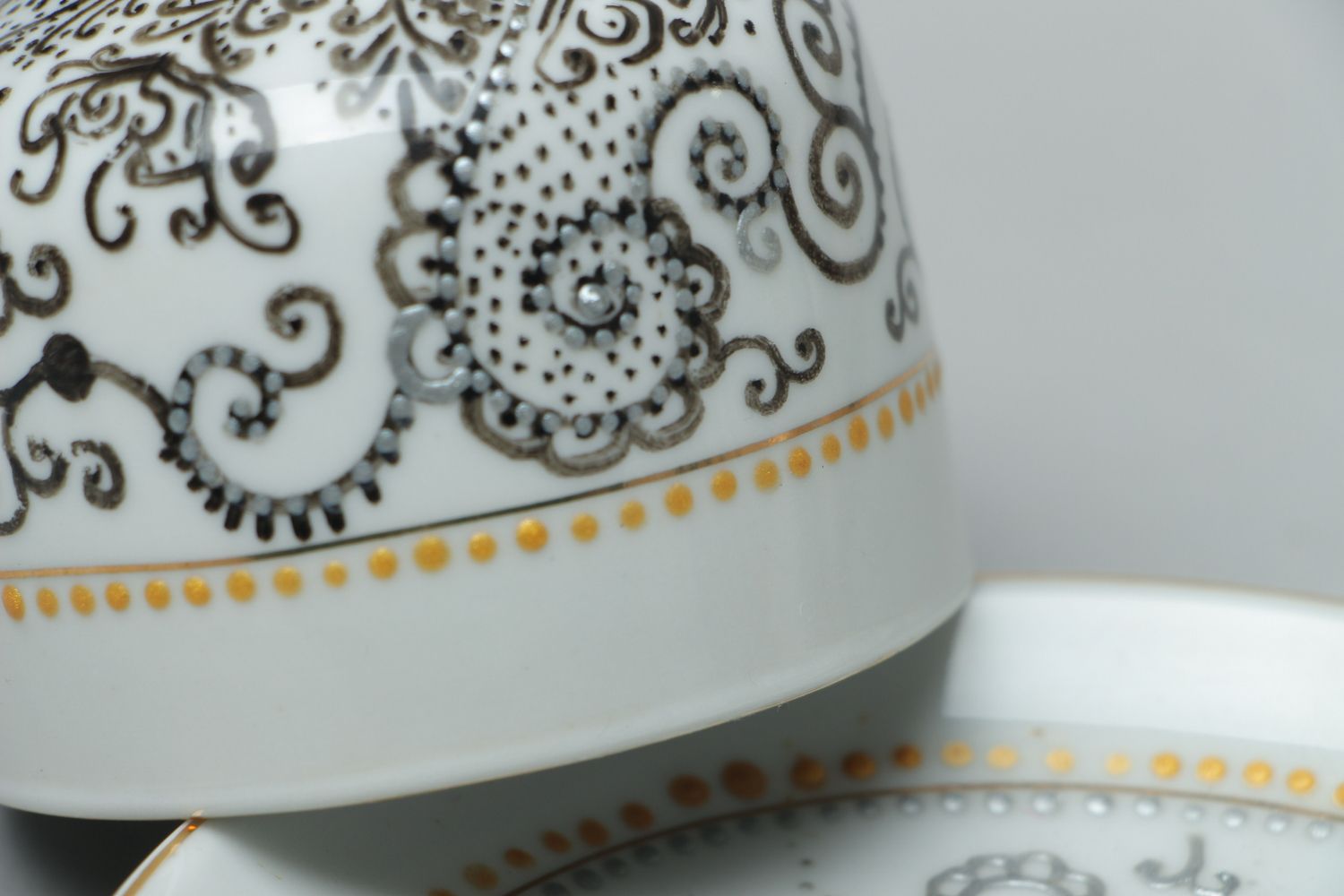Cup Japanese with the saucer in white, grey colors with handmade pattern 0,63 lb photo 3