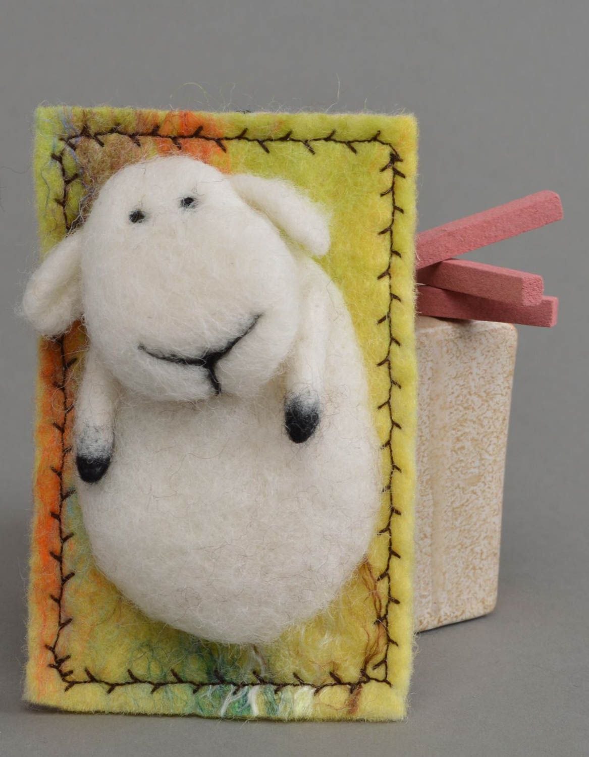 Unusual beautiful handmade woolen fridge magnet in shape of white sheep photo 1