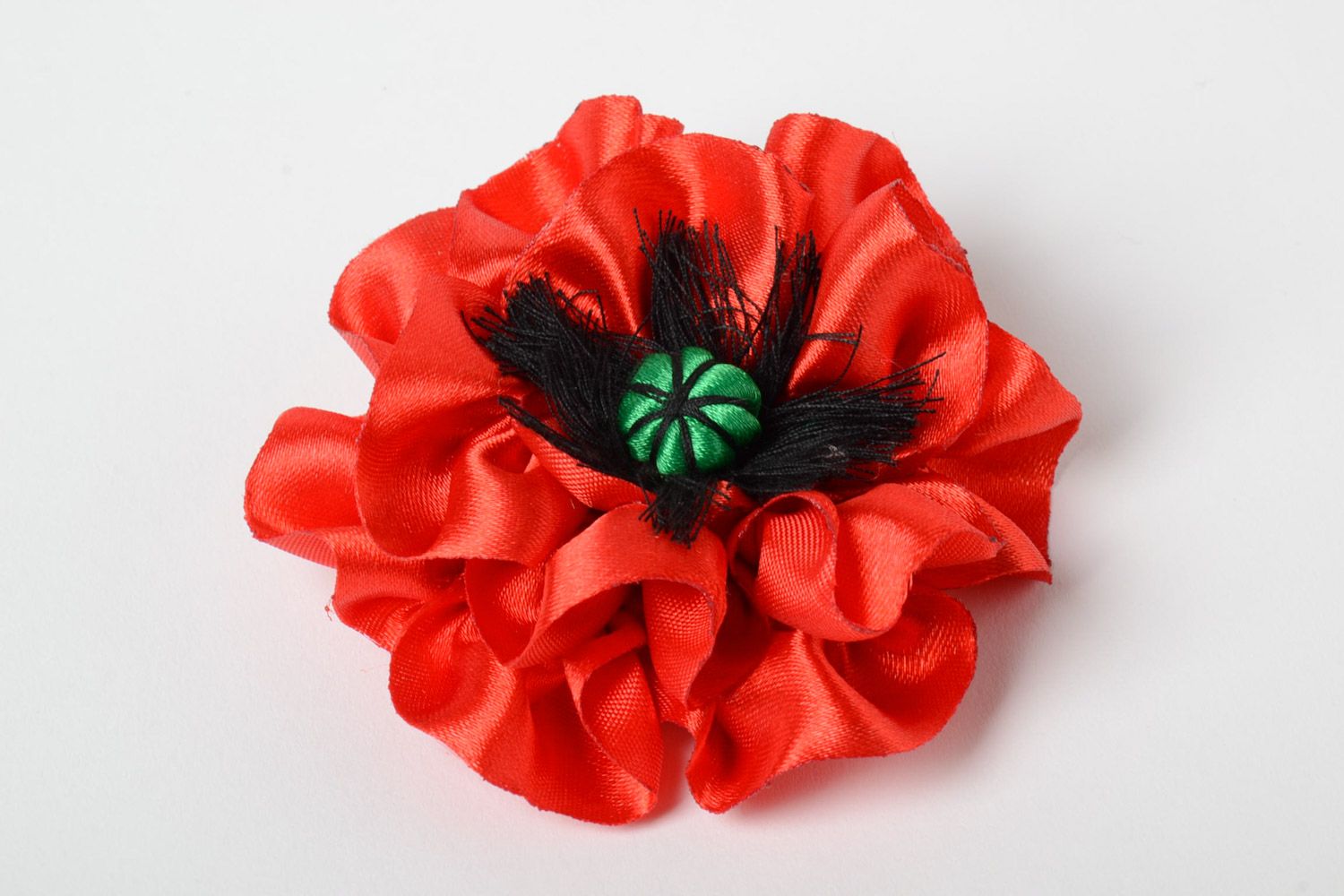 Handmade hair clip with bright red satin poppy flower for passionate girls photo 2