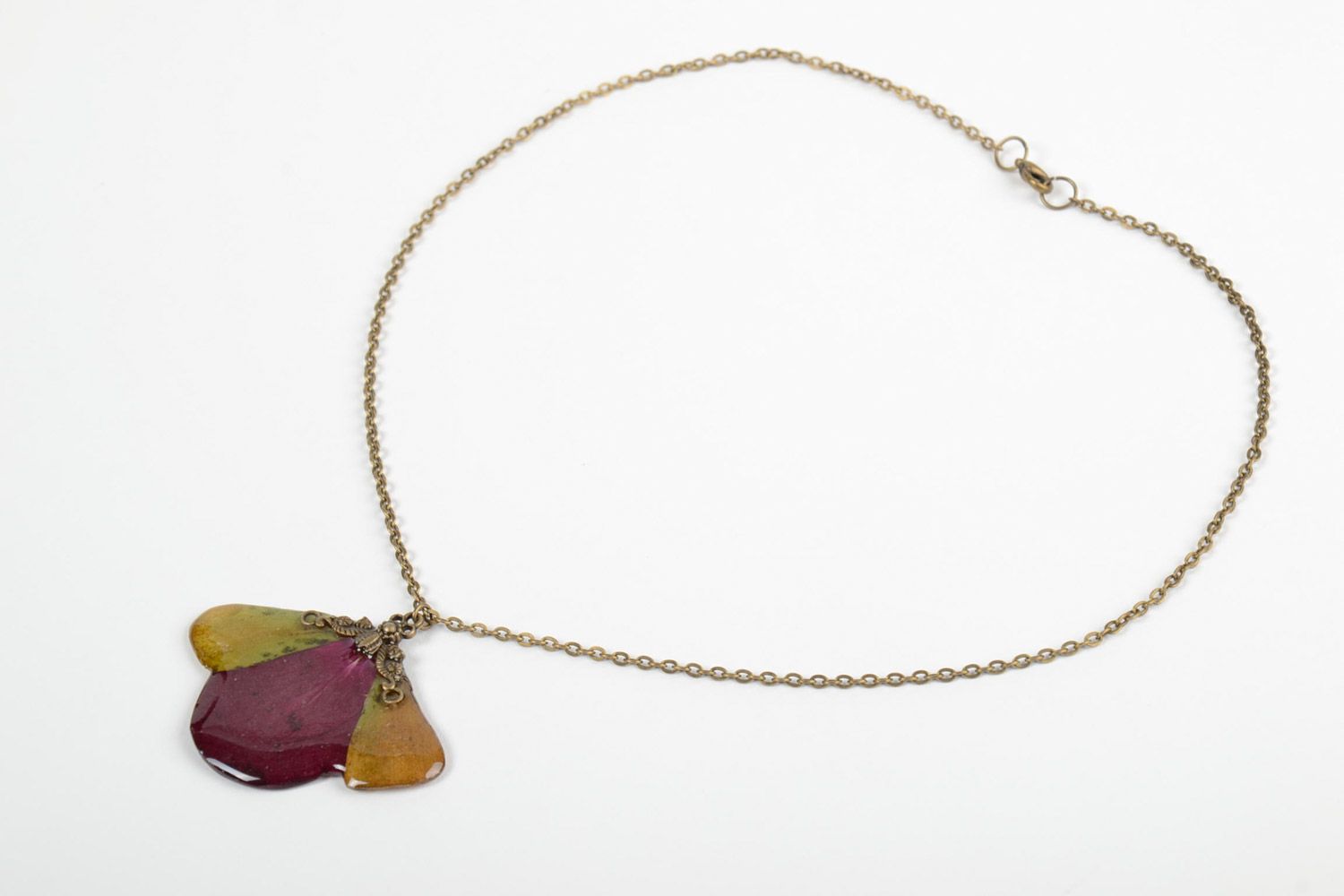 Handmade neck pendant on long chain with flower petals coated with epoxy photo 3