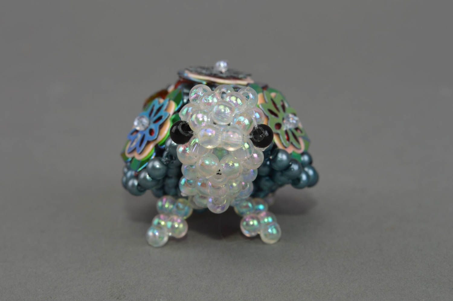Beautiful small handmade designer figurine of turtle woven of beads for decor photo 4