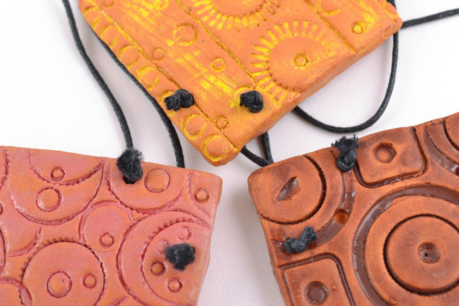 Handmade square shaped clay pendants set of 3 products of different colors photo 4