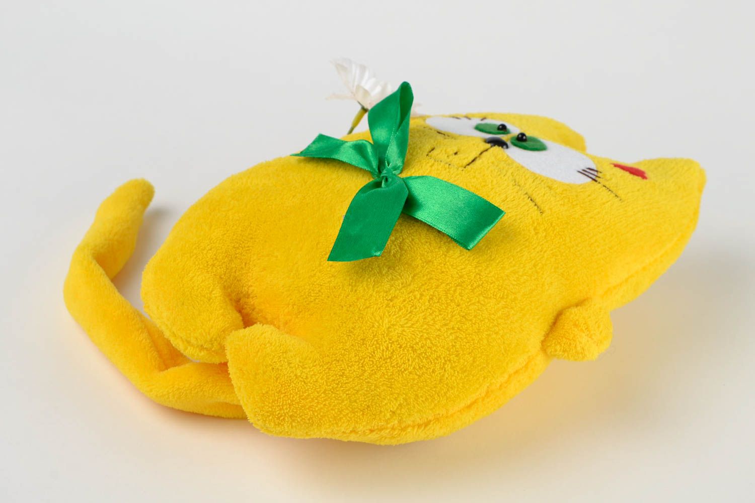 Peluche Chat en tissu de mohair faite main jaune avec noeud Cadeau pour enfant photo 5