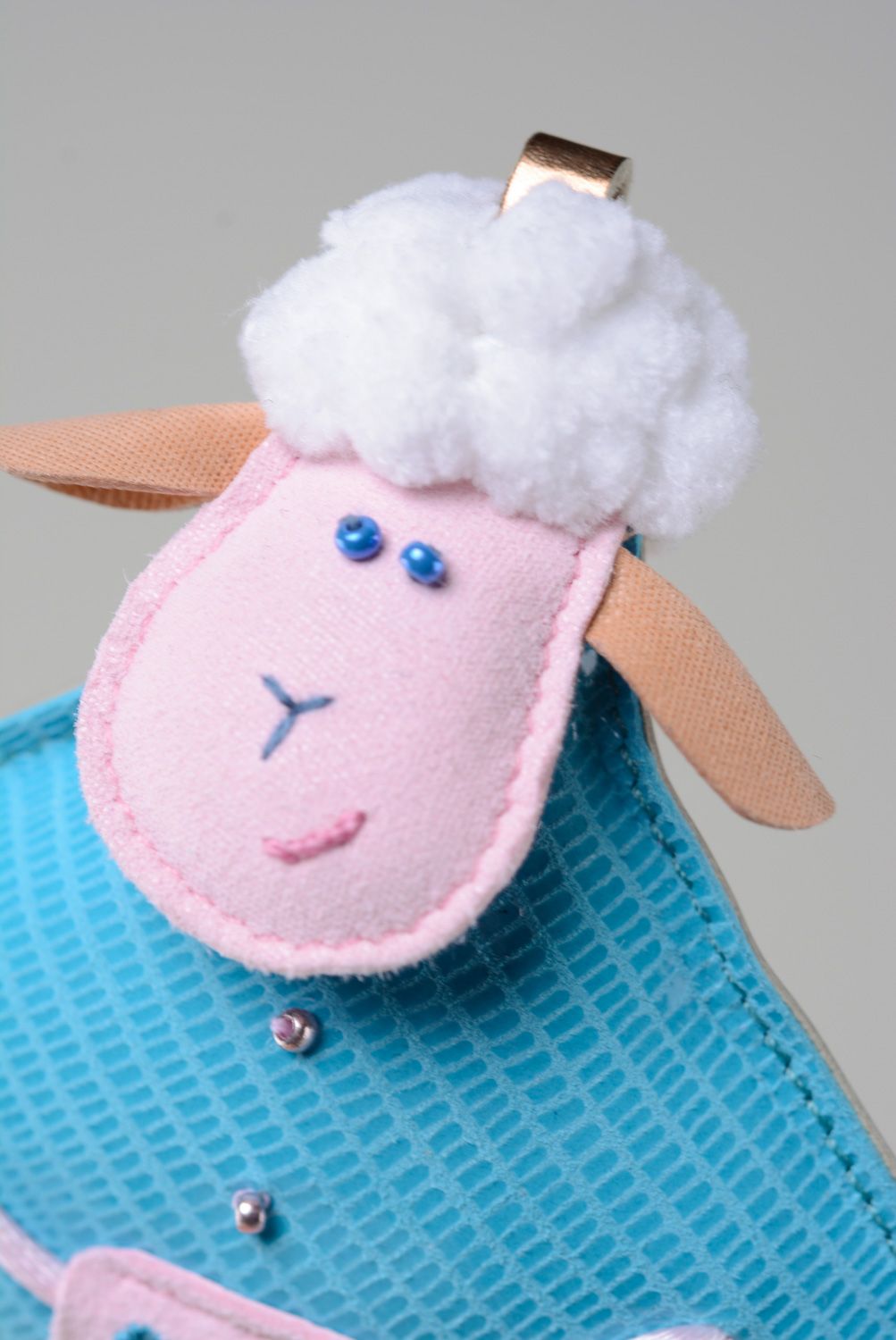 Handmade genuine leather keychain in the shape of cute lamb in blue dress photo 2