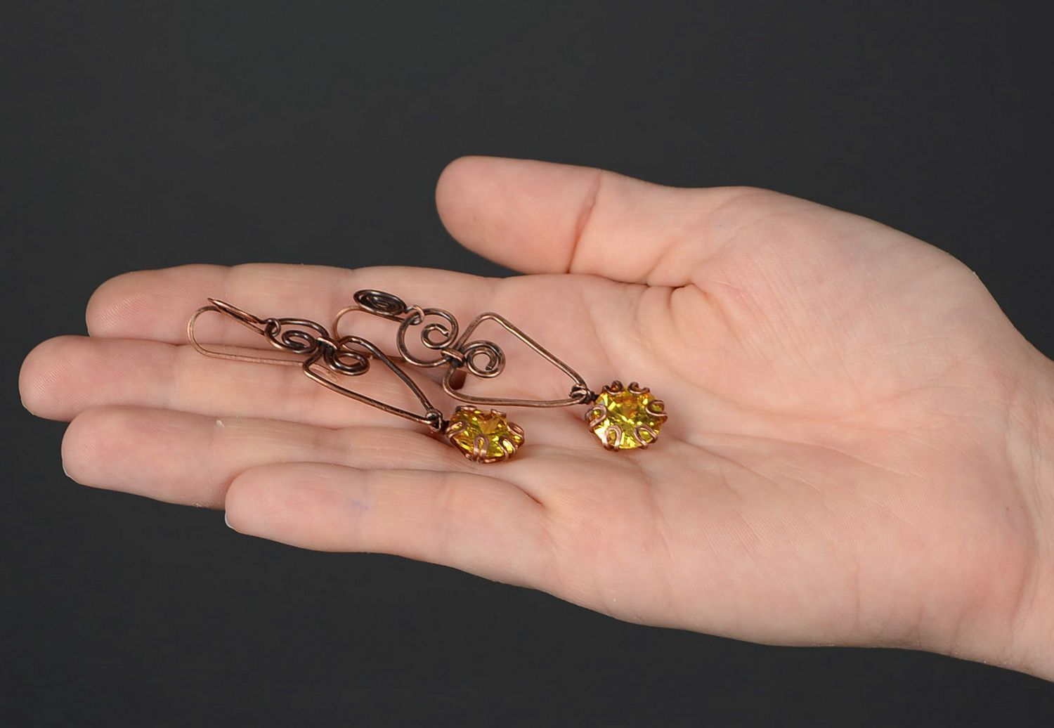 Earrings wire wrap with yellow zirconium photo 5
