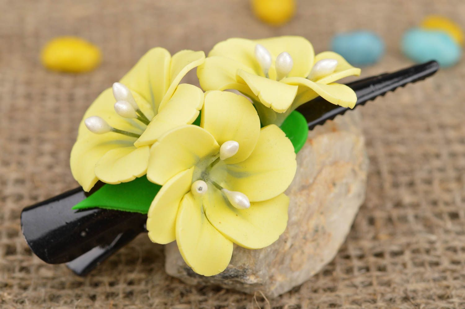 Handmade cute hair clip with flowers made of polymer clay yellow flowers photo 1