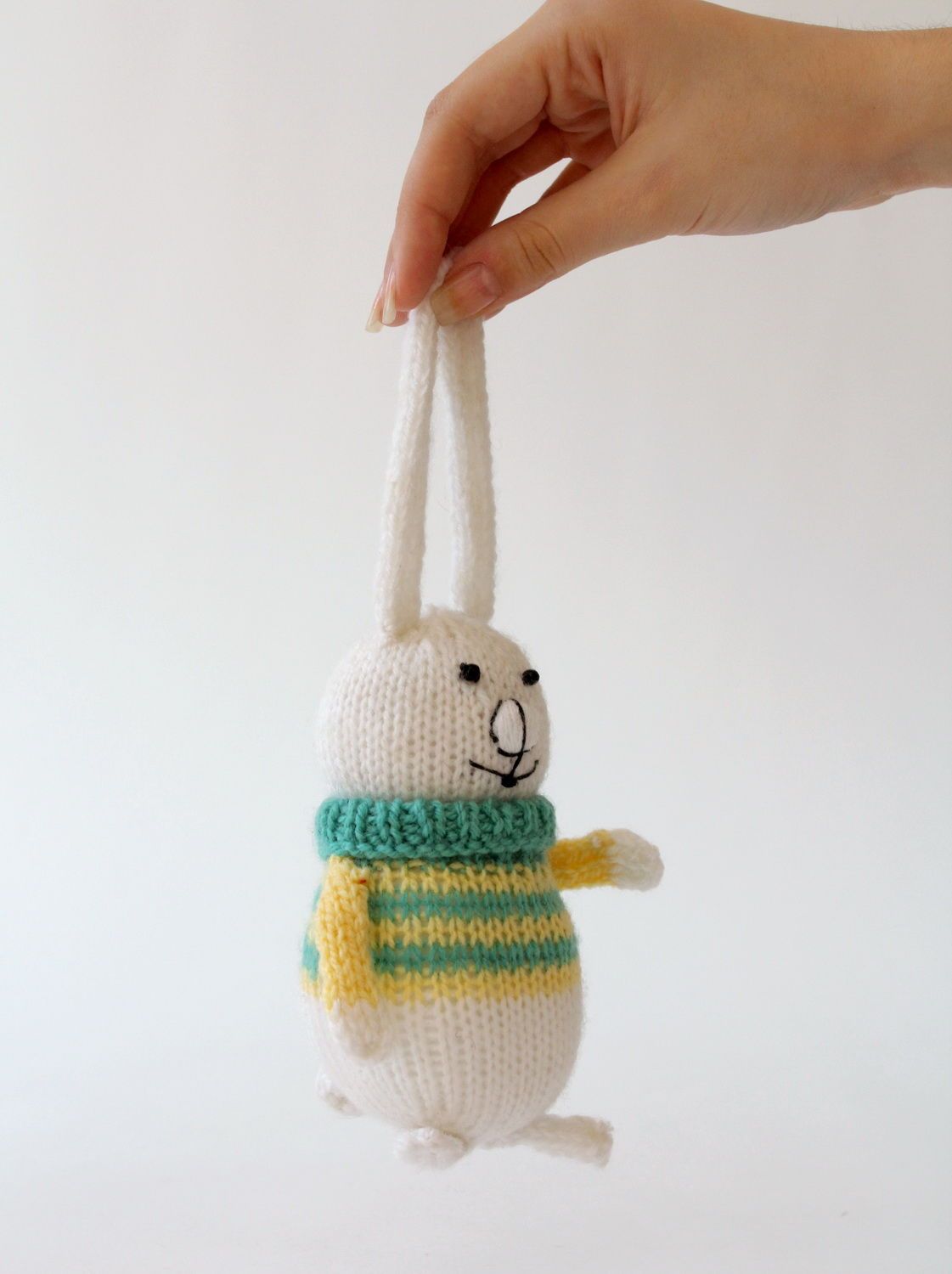 Knitted toy Baby rabbit in yellow-green sweater photo 4