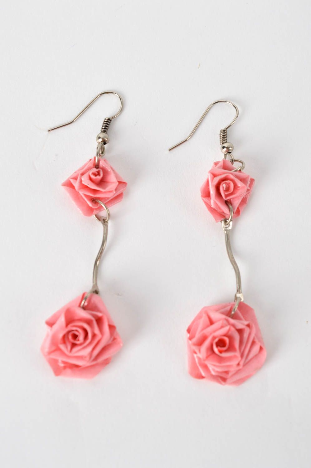Boucles d'oreilles pendantes Bijou fait main fleurs roses en papier Cadeau femme photo 2
