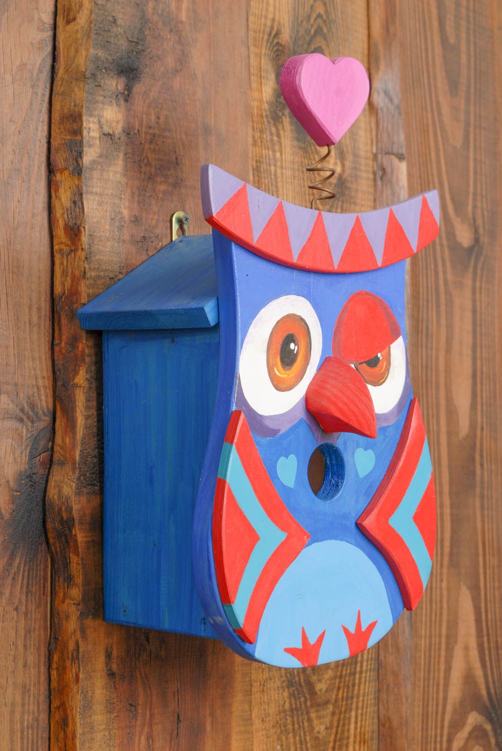 Painted wooden birdhouse in the shape of owl photo 1