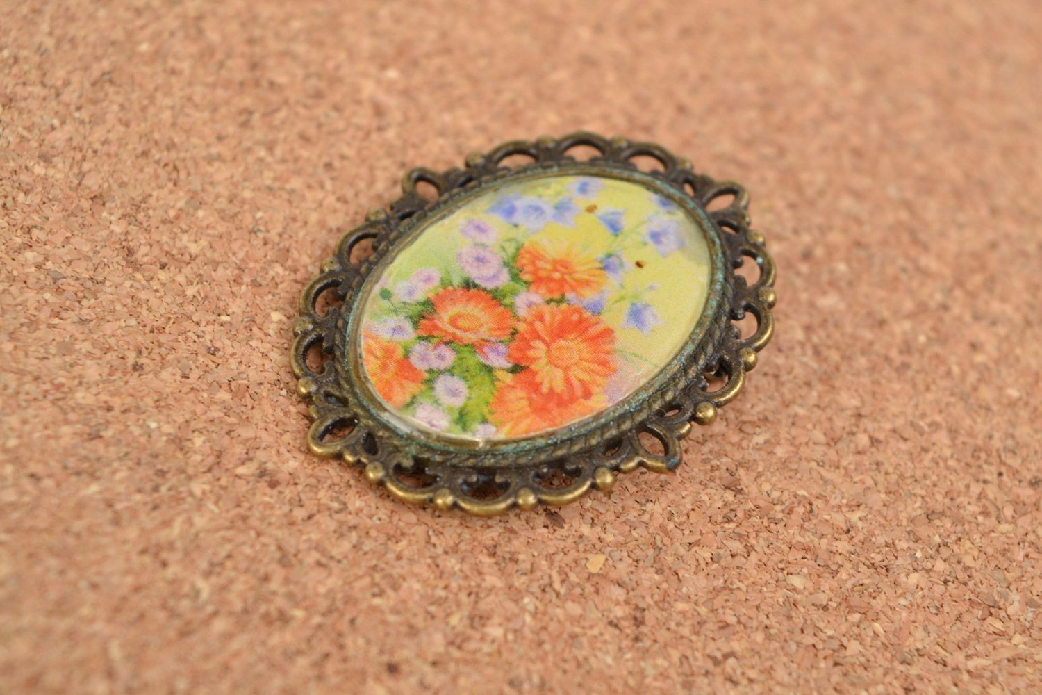 Handmade colorful vintage brooch with floral print coated with epoxy resin  photo 1