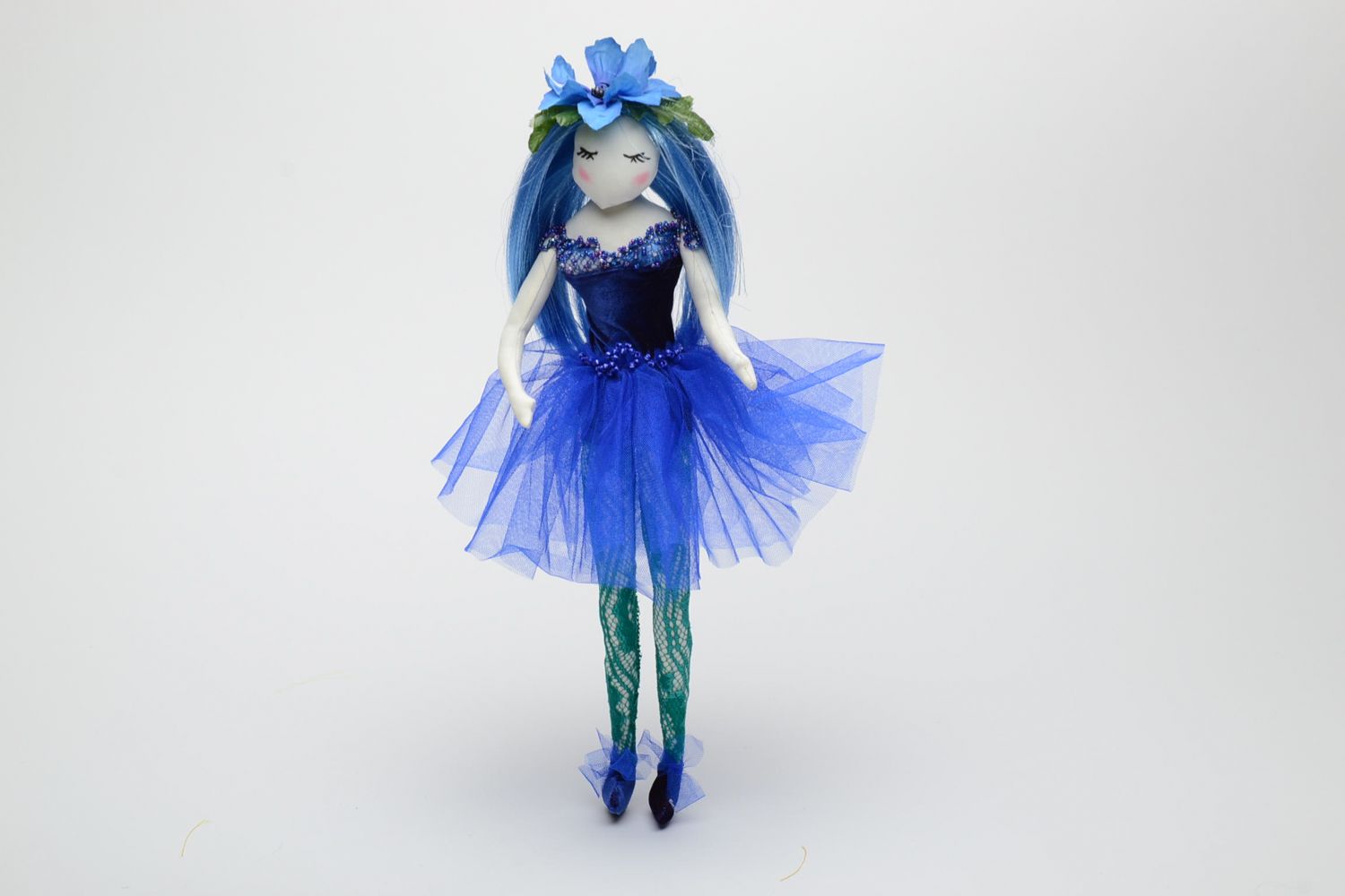 Handmade fabric doll in blue clothing photo 2