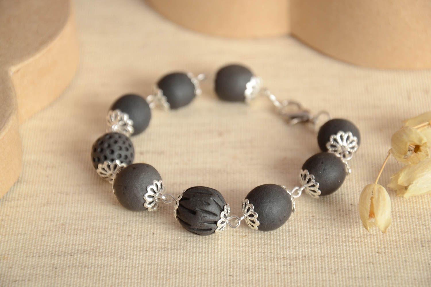 Elegant handmade clay bead bracelet woven bracelet with beads ceramic jewelry photo 2