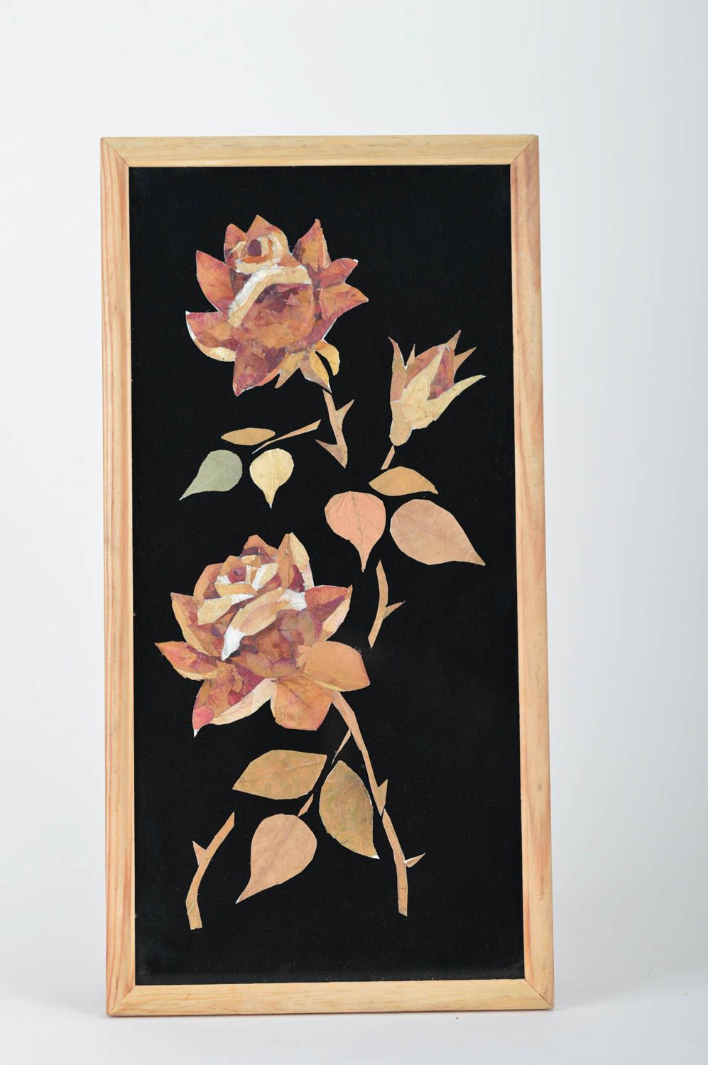 Handmade decorative picture collage with dried leaves and petals on black fabric photo 2