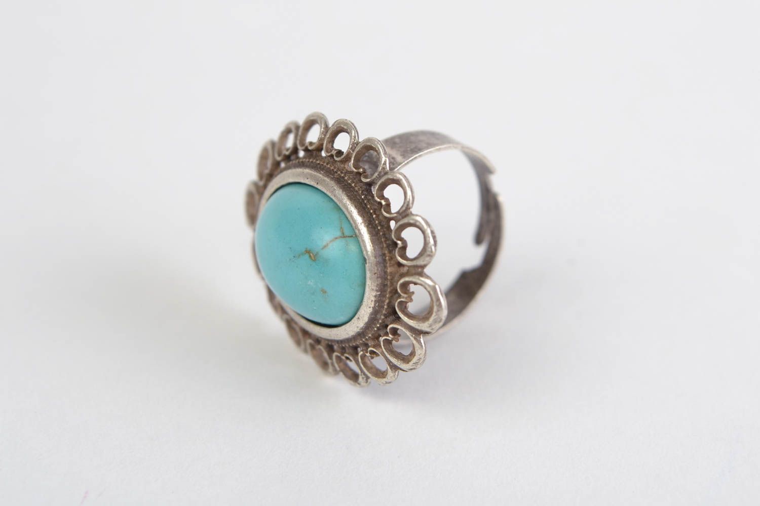 Handmade vintage metal lace ring with natural stone photo 4