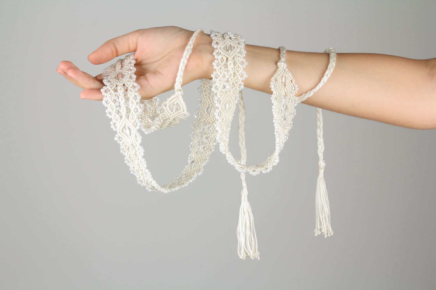 Hand woven belt White with Beads photo 4