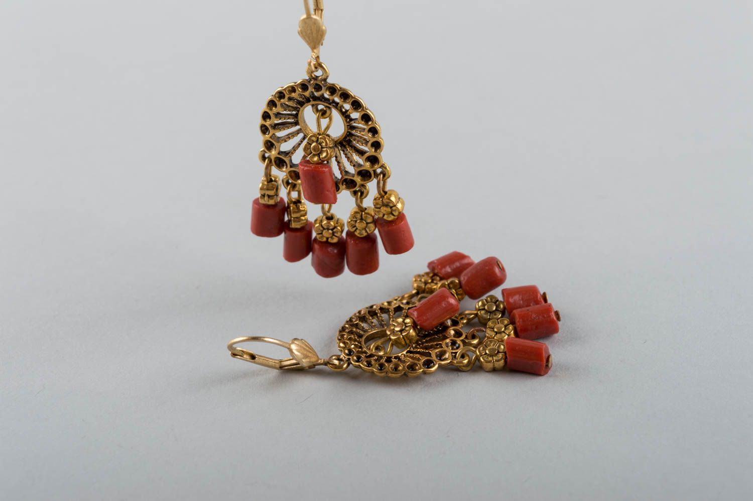 Beautiful handmade round dangle earrings with coral beads designer jewelry photo 5