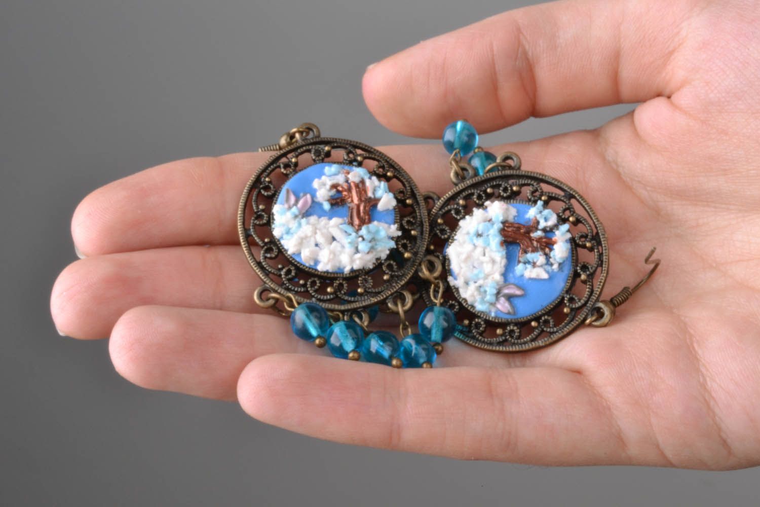 Polymer clay earrings with beads photo 2