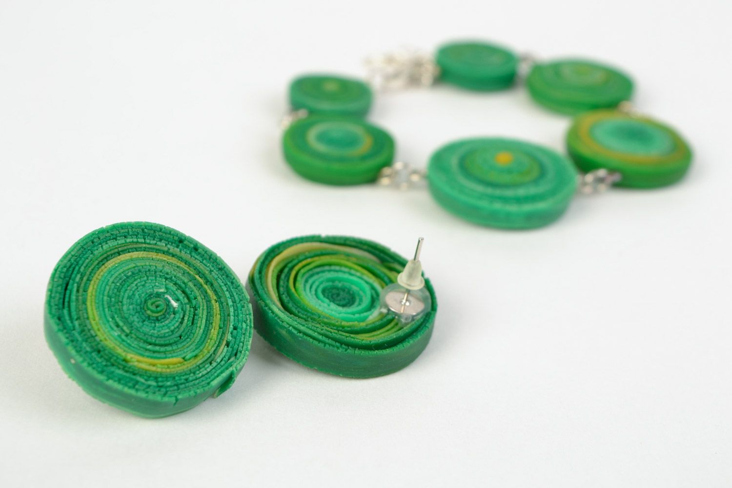 Handmade green polymer clay jewelry set 2 items round earrings and bracelet photo 5