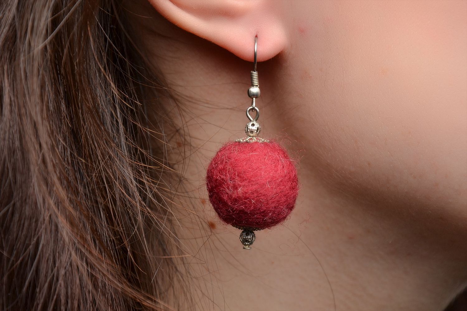 Claret felted ball earrings photo 2
