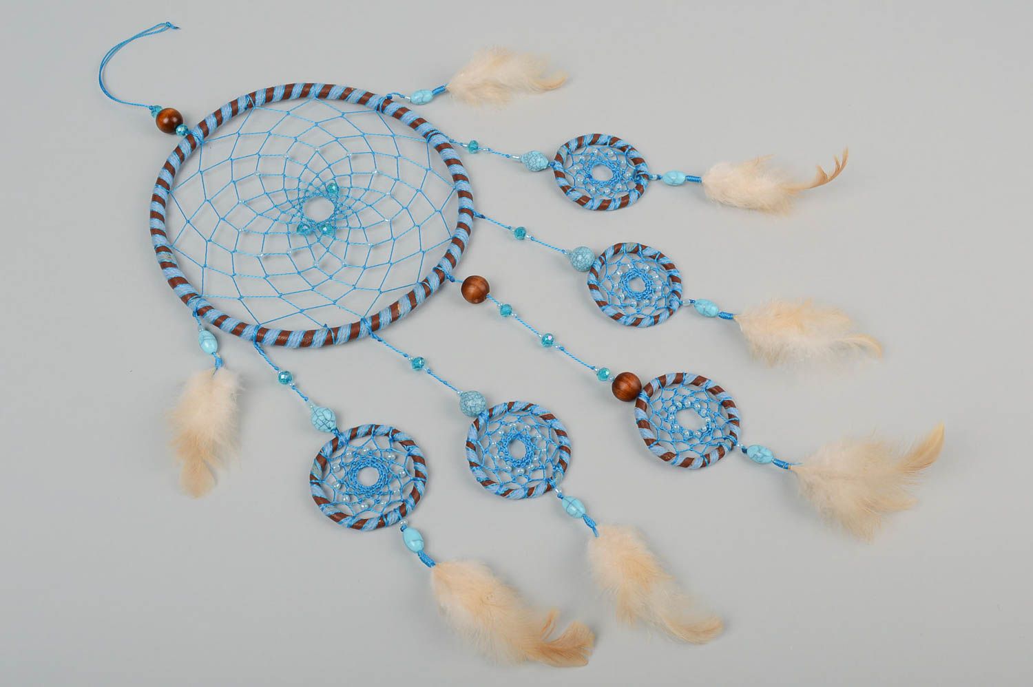 Handmade Deko zum Aufhängen Traumfänger Schmuck Indianer Deko mit Federn blau foto 1