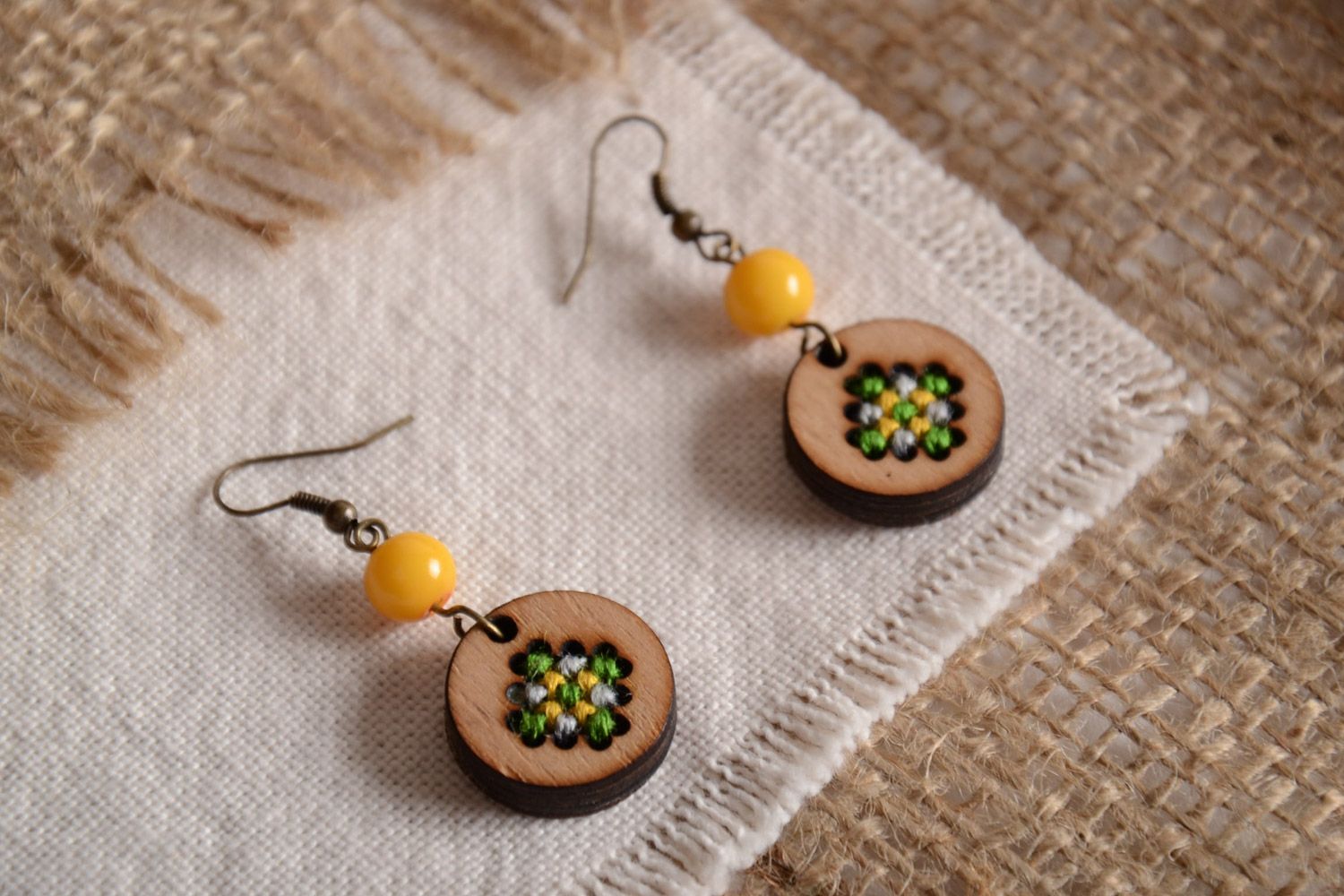 Handmade round plywood earrings with cross-stitch embroidery unusual jewelry photo 1