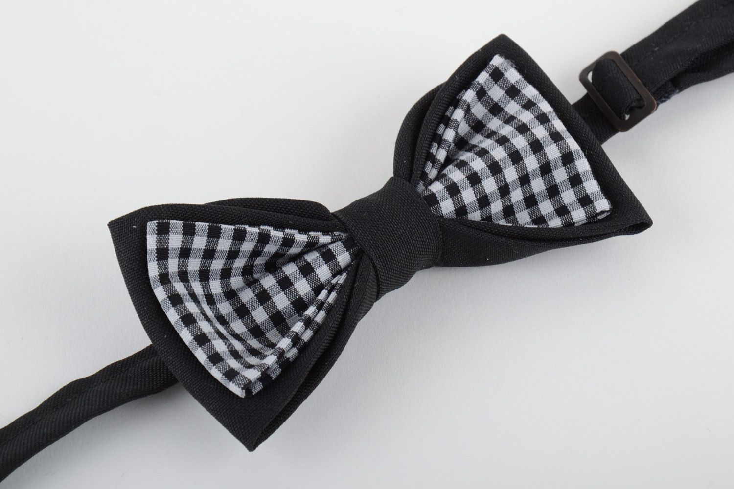 Handmade bow tie sewn of black and checkered costume fabric for men photo 4