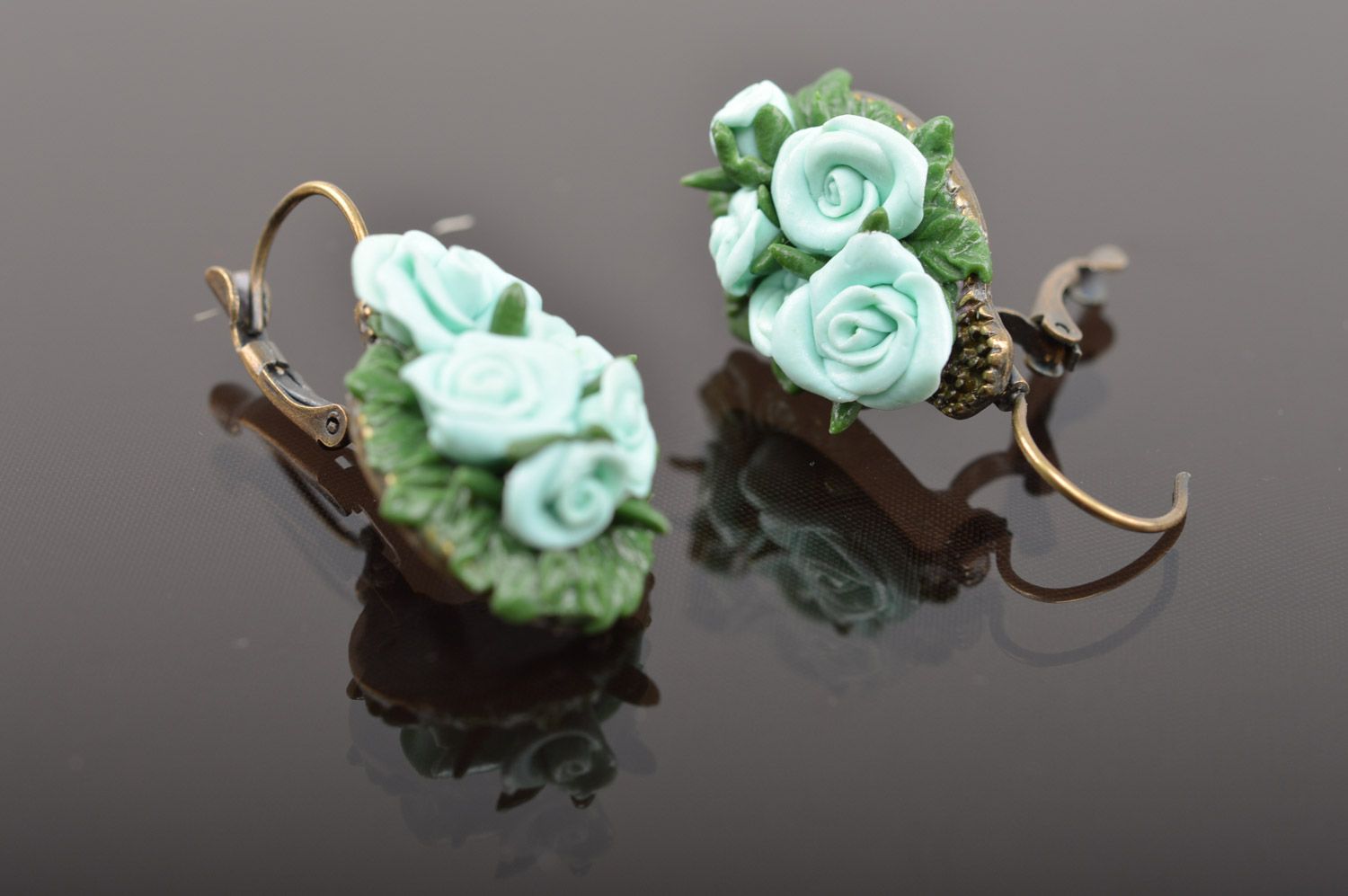 Elegant handmade polymer clay flower earrings of mint color photo 3