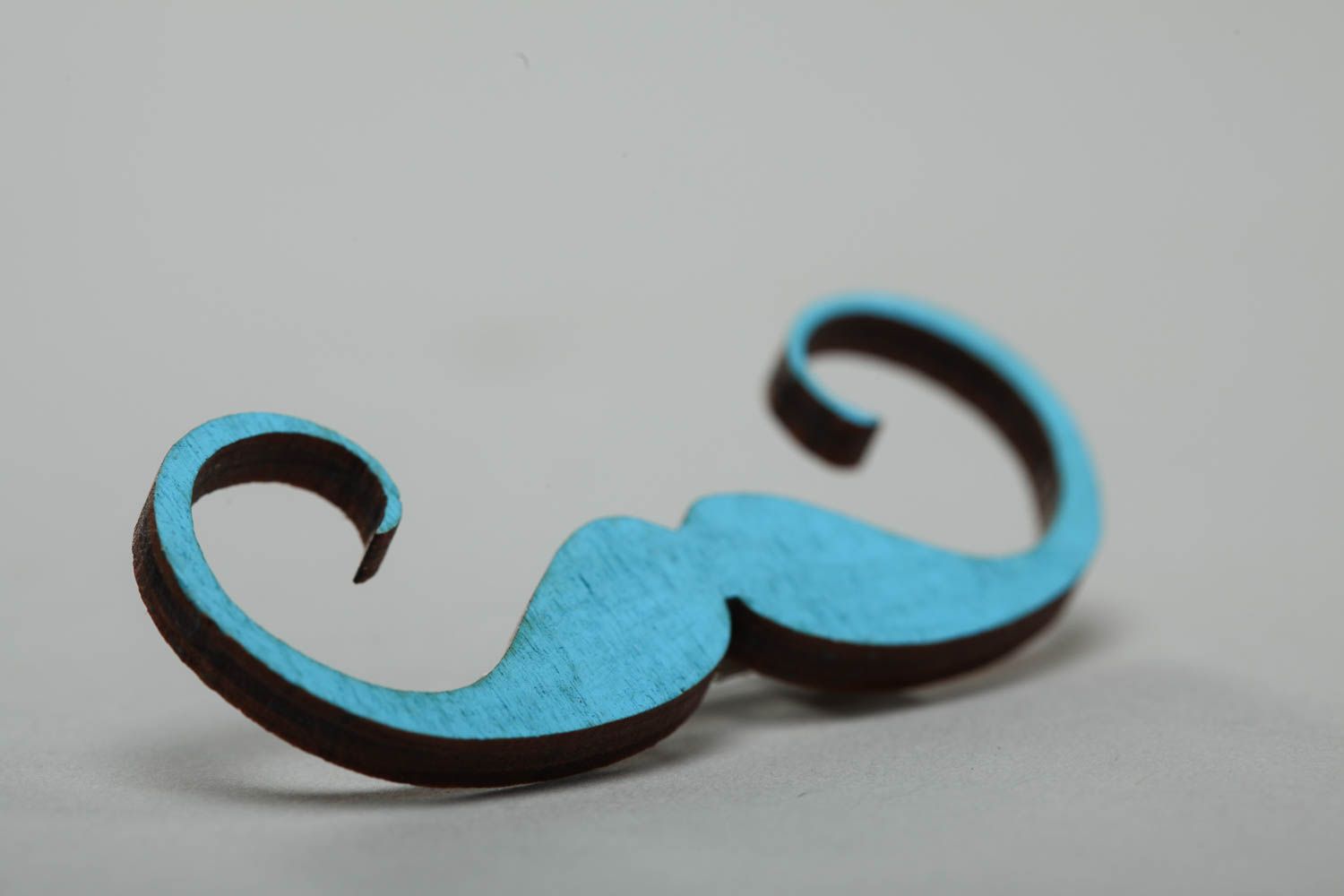 Blue plywood brooch painted with acrylics in the form of mustache hand made photo 3