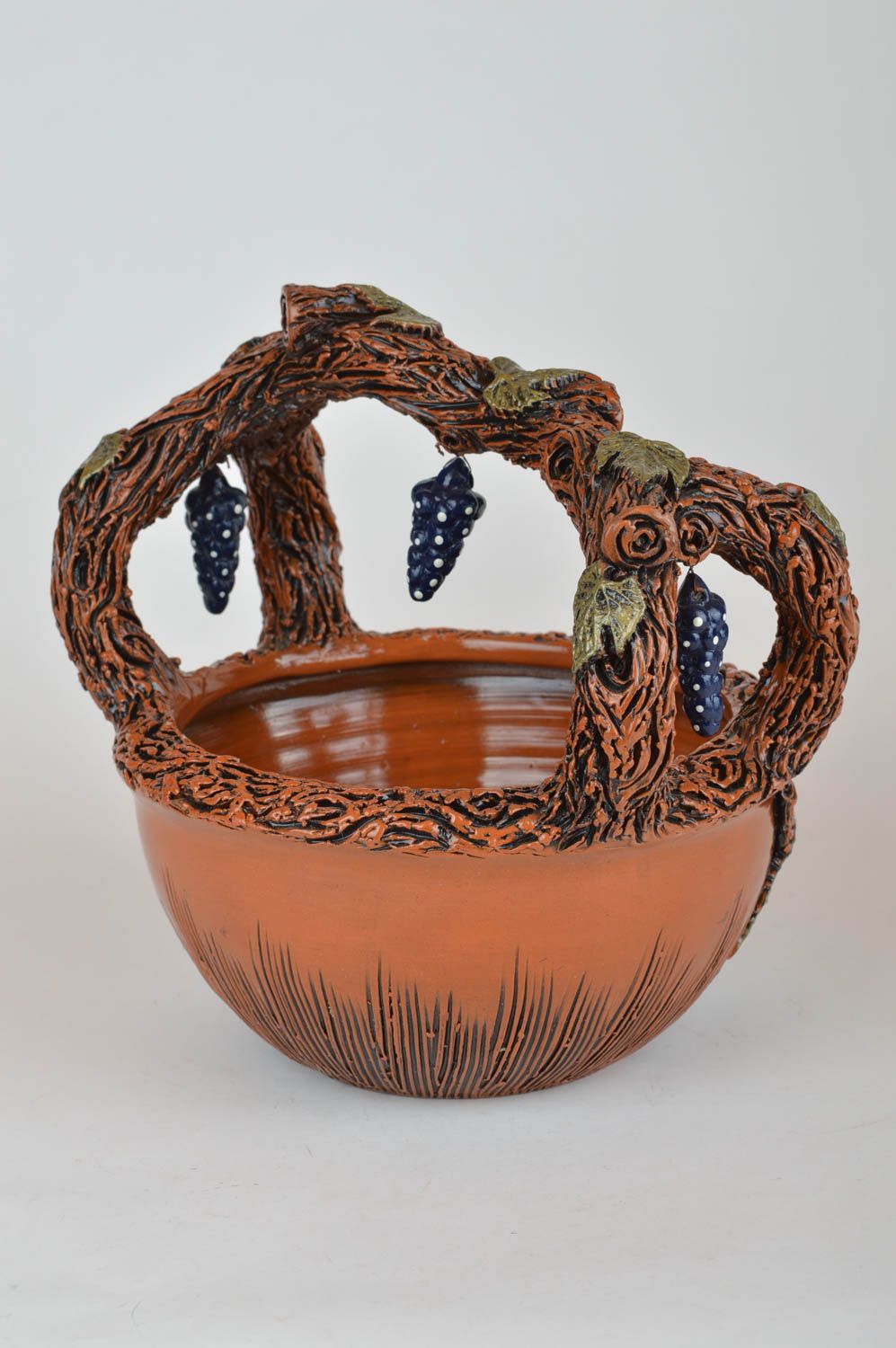 Frutera de cerámica artesanal con racimos de uva pintada original decorativa foto 2