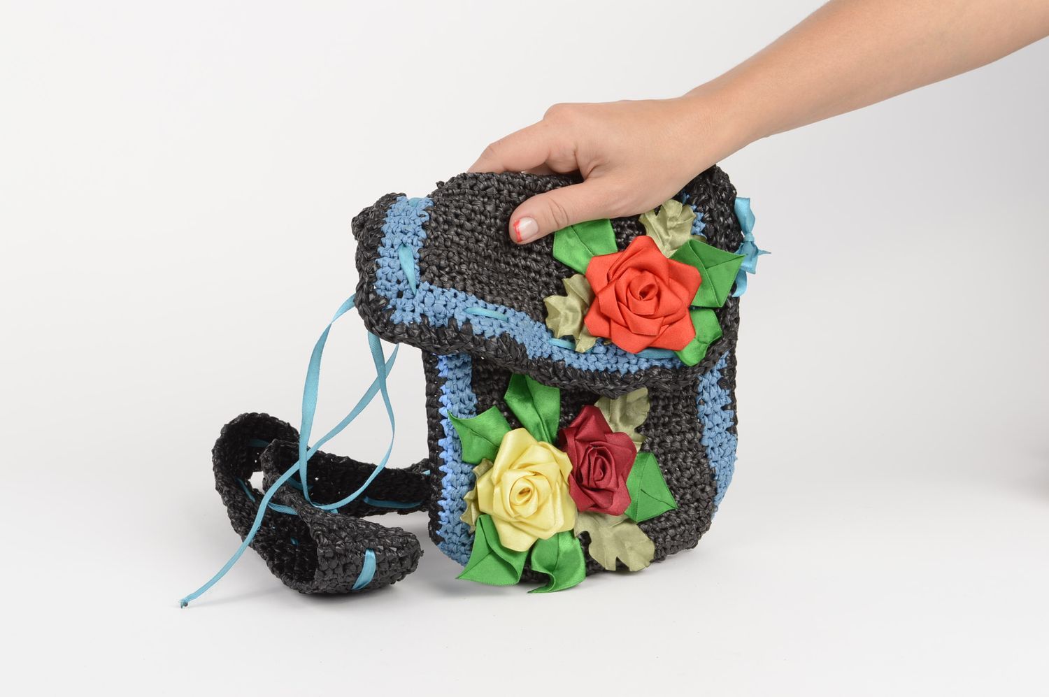 Сумка ручной работы сумка для детей со шлейкой маленькая сумка черно-синяя фото 5