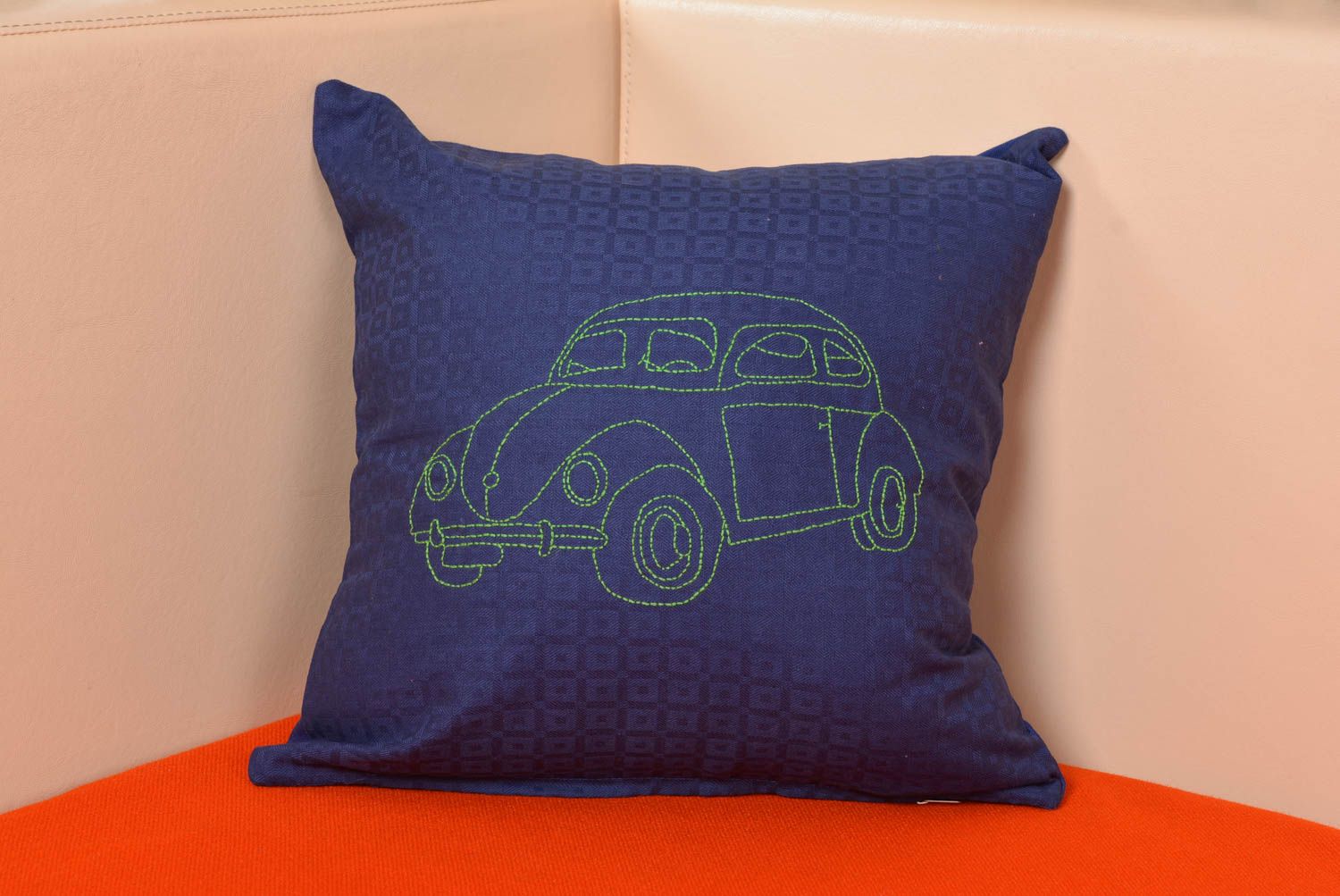 Handmade designer satin blue pillow case with embroidered car photo 1