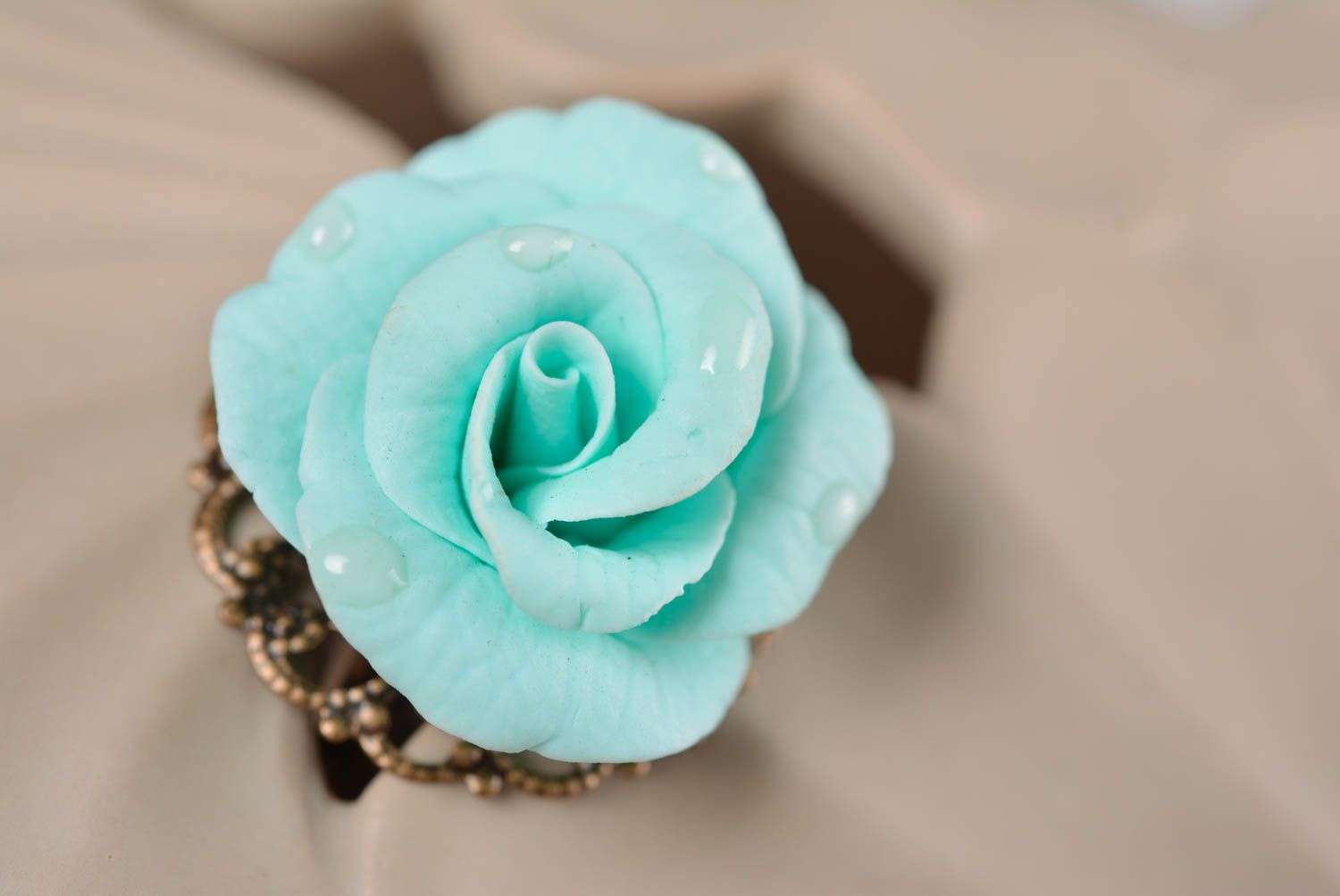 Beautiful gentle handmade designer polymer clay flower ring of blue color photo 1