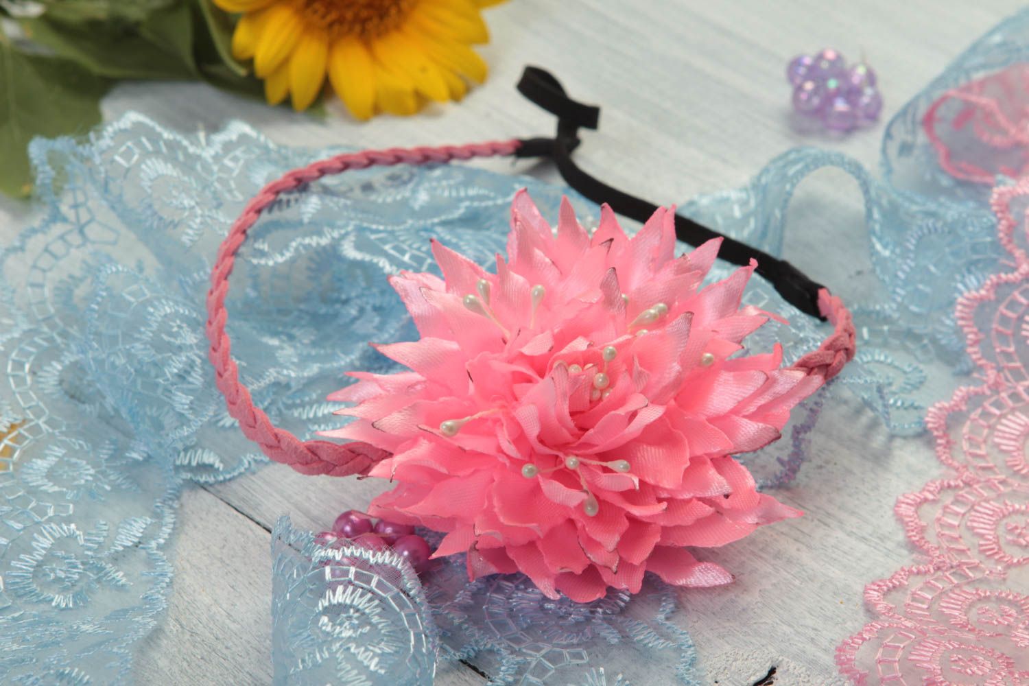 Banda para el cabello hecha a mano con flor regalo para chicas banda de moda foto 1