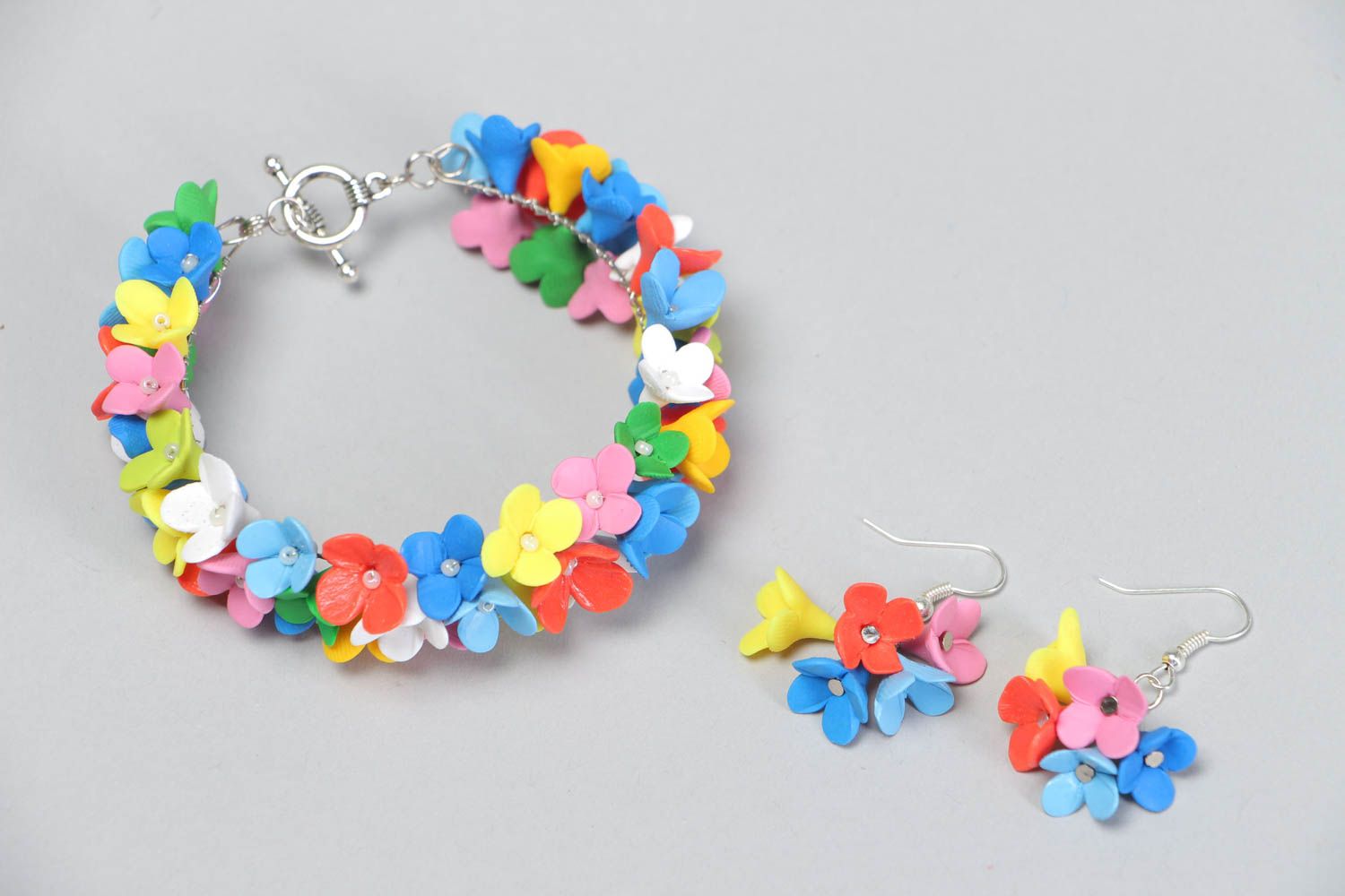 Set of handmade jewelry polymer clay earrings bracelet with flowers gift jewelry photo 2