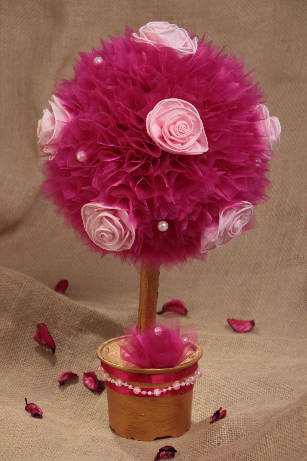 Handmade small decorative topiary tree with organza and flowers in pink color photo 1