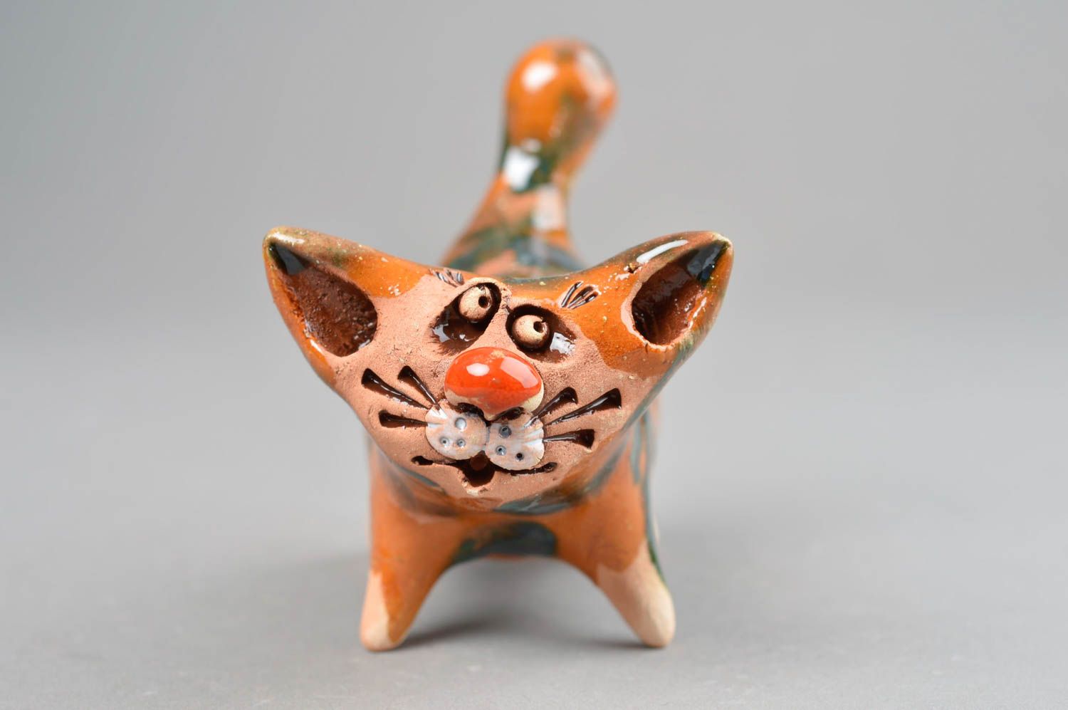 Figurine de chat en argile rouge faite main décorative marron originale photo 3