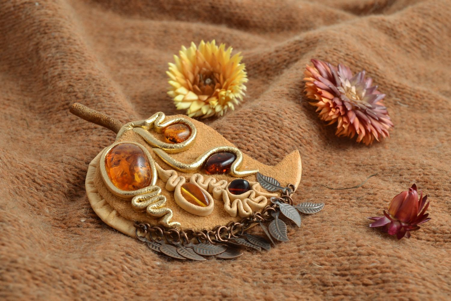 Leather handmade leaf brooch with natural stones and charms in beige color photo 1