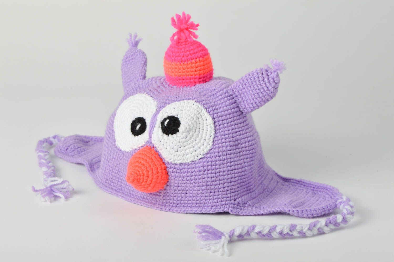 Bonnet tricot fait main Chapeau au crochet Vêtement enfant violet hibou hiver photo 5