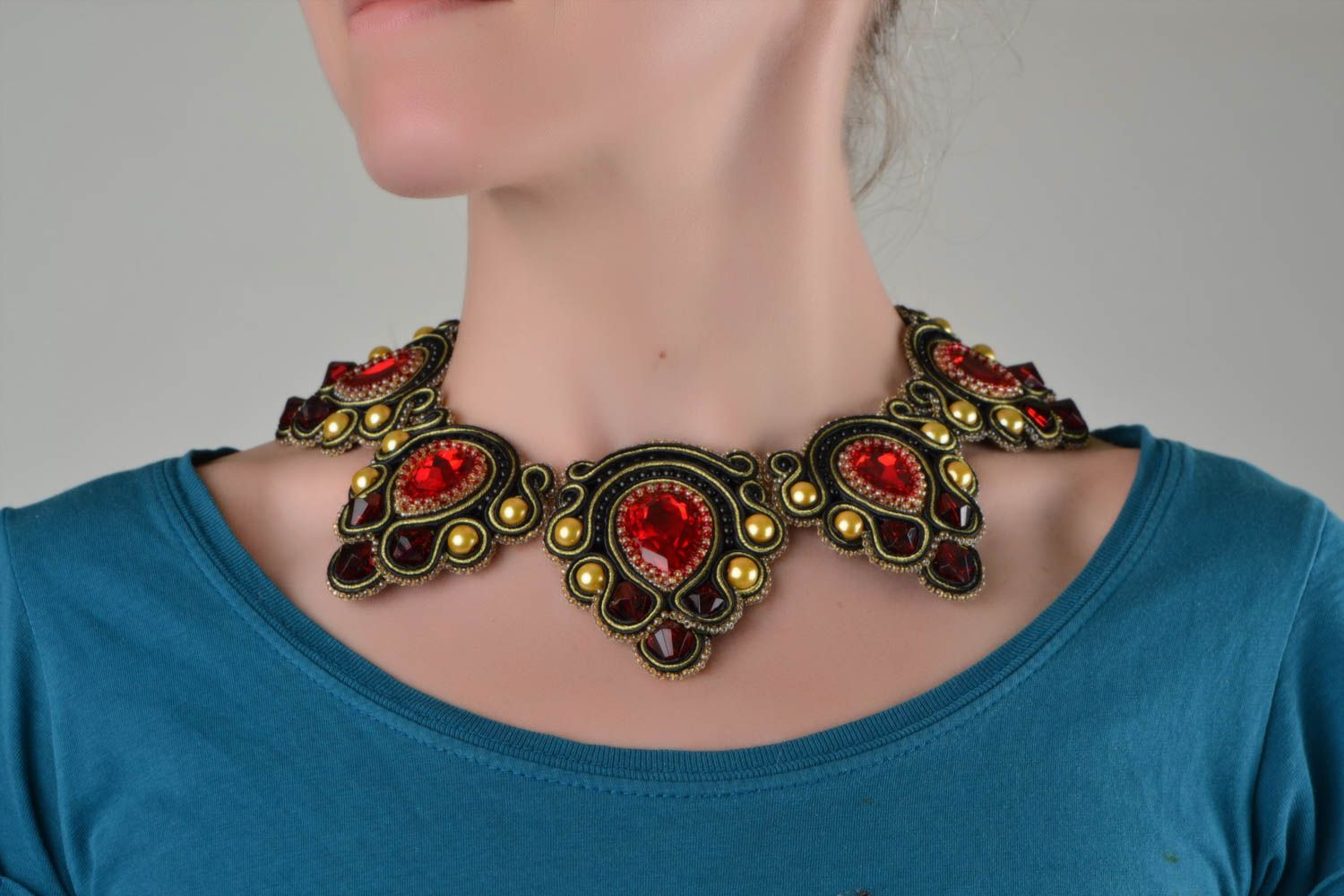 Handmade beautiful festive soutache necklace with beads and rhinestones photo 1