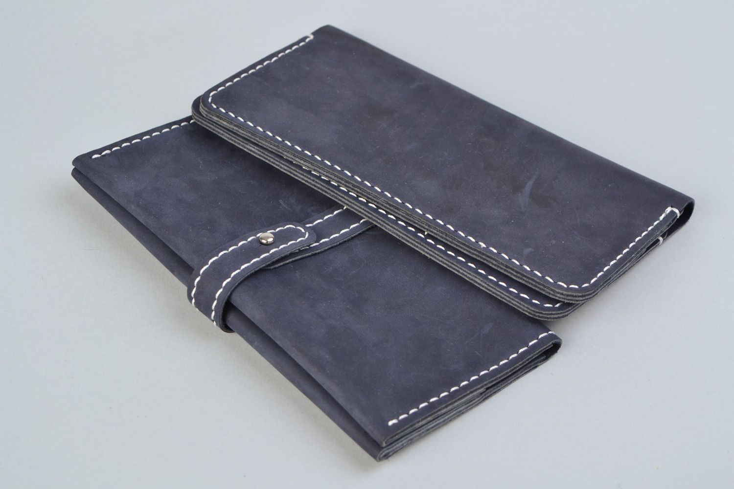 Set of handmade genuine leather wallet and purse of blue color photo 1