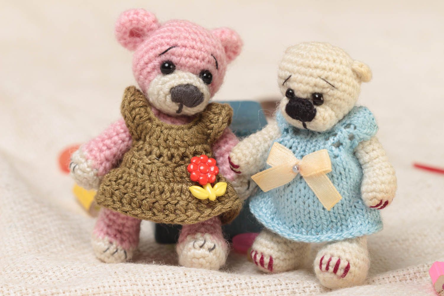 Handmade designer textile crochet soft toys set 2 pieces Bears unusual decor photo 1