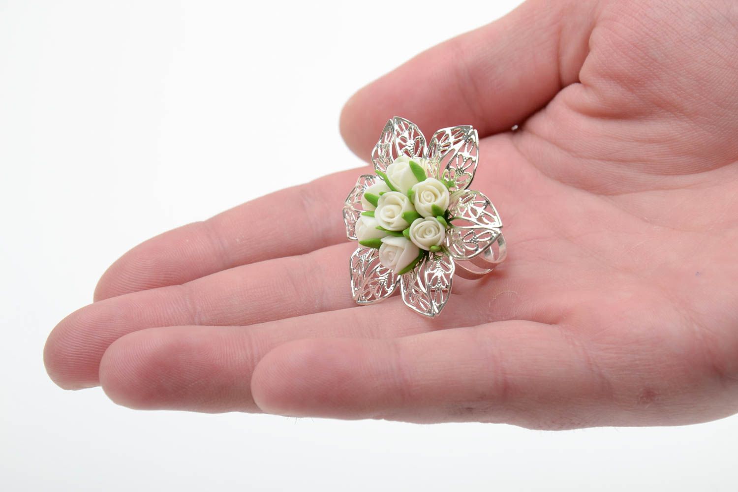 Handmade metal jewelry ring with large volume cold porcelain white rose flowers photo 2