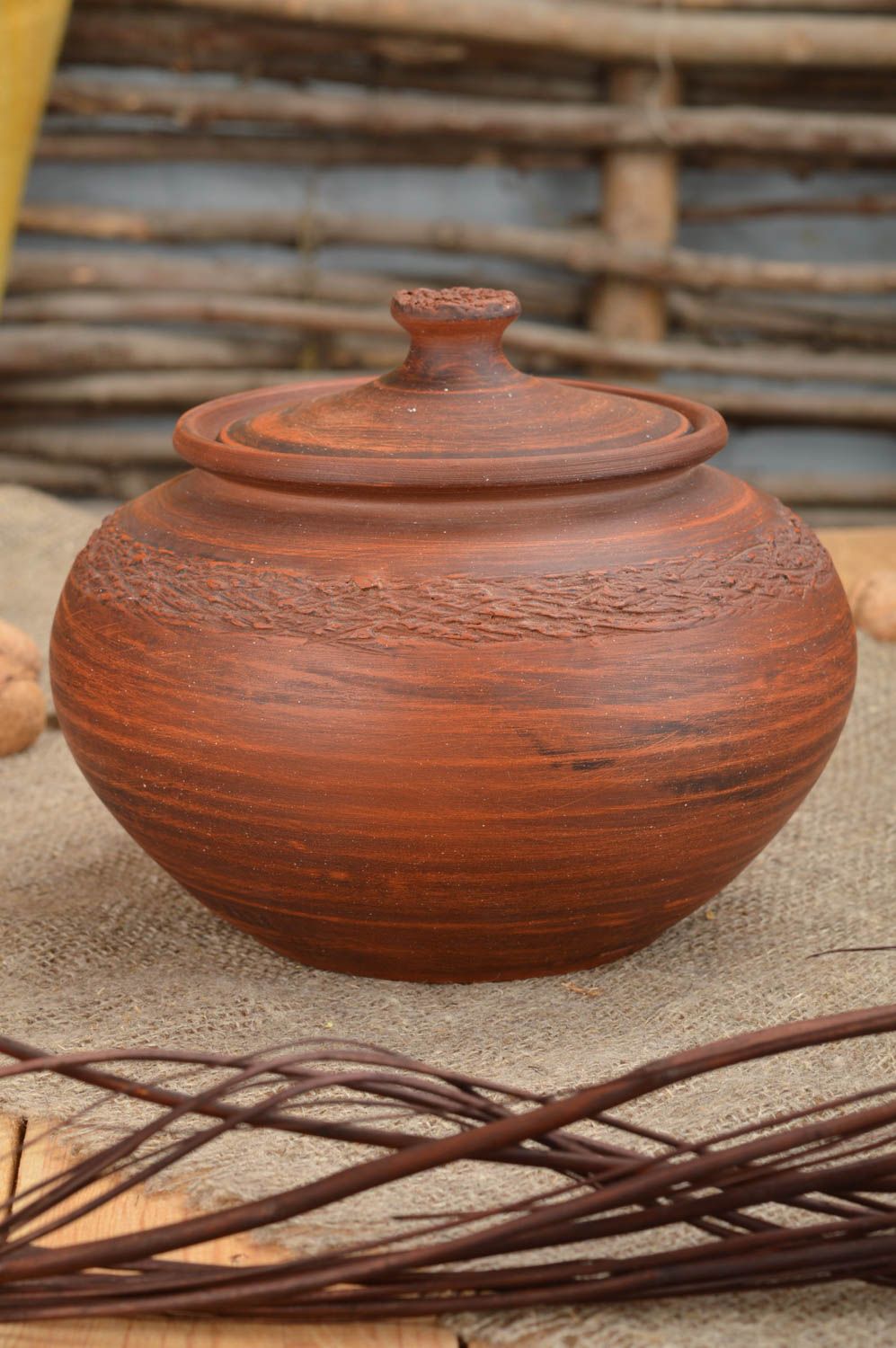 Beautiful homemade designer molded clay pot for roasting with lid 1.5 l photo 1
