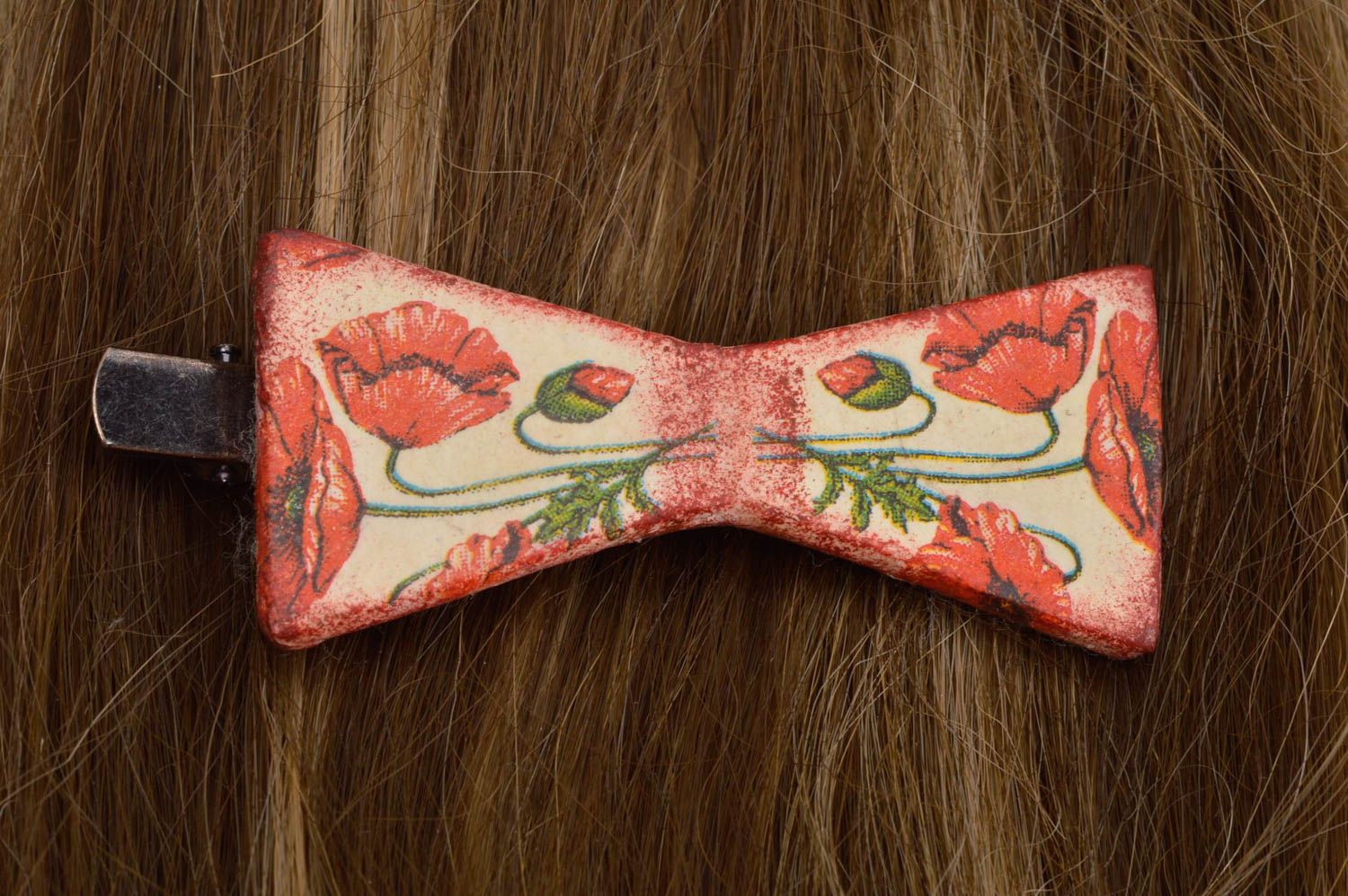 Заколка из холодного фарфора заколка-бантик аксессуар для волос с красным маком фото 1