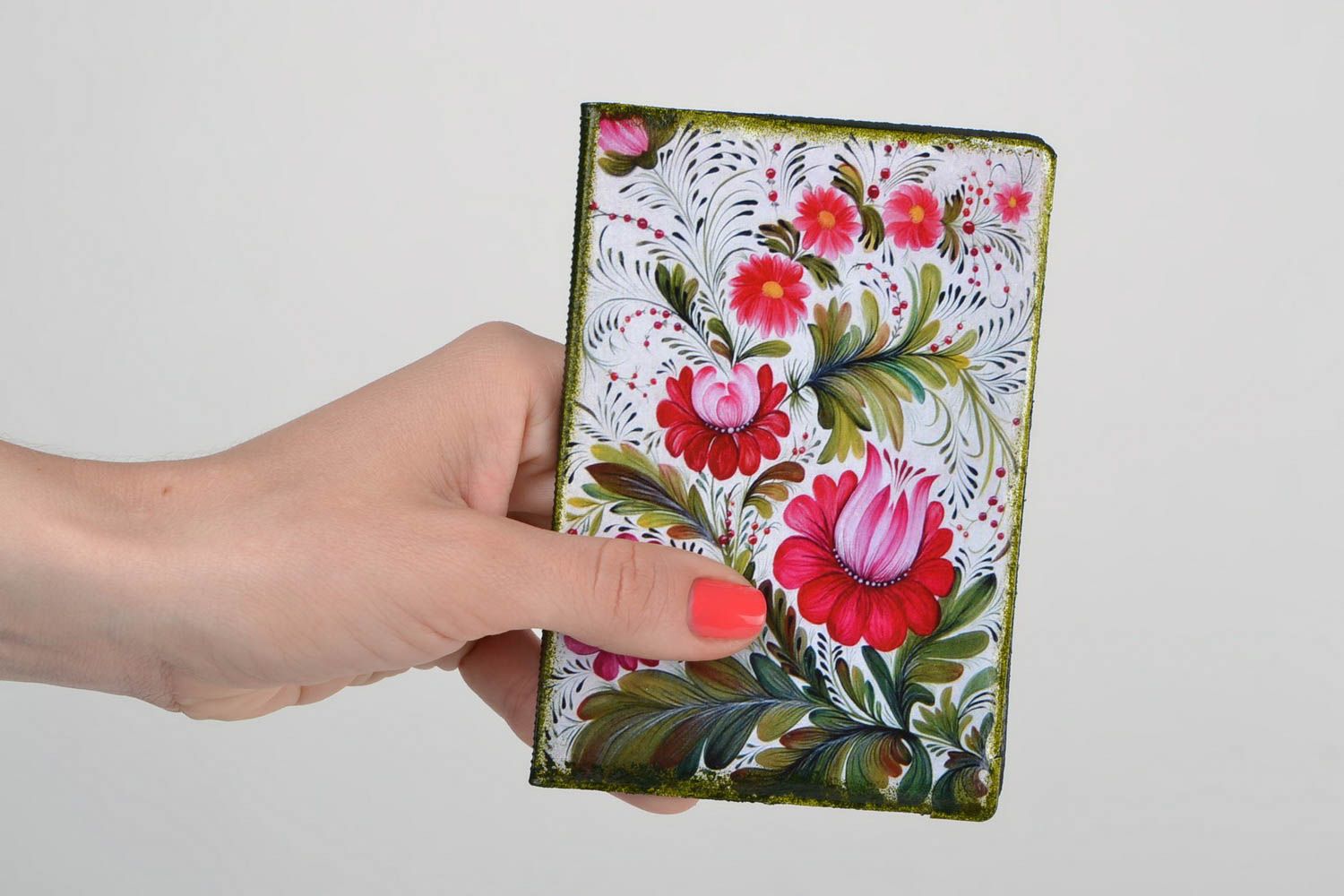 Handmade faux leather passport cover with decoupage with tender floral pattern photo 2