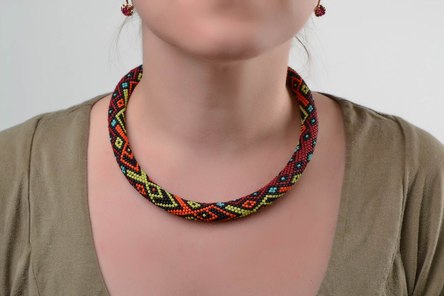 Bright handmade short beaded cord necklace woven of Czech beads beautiful photo 1