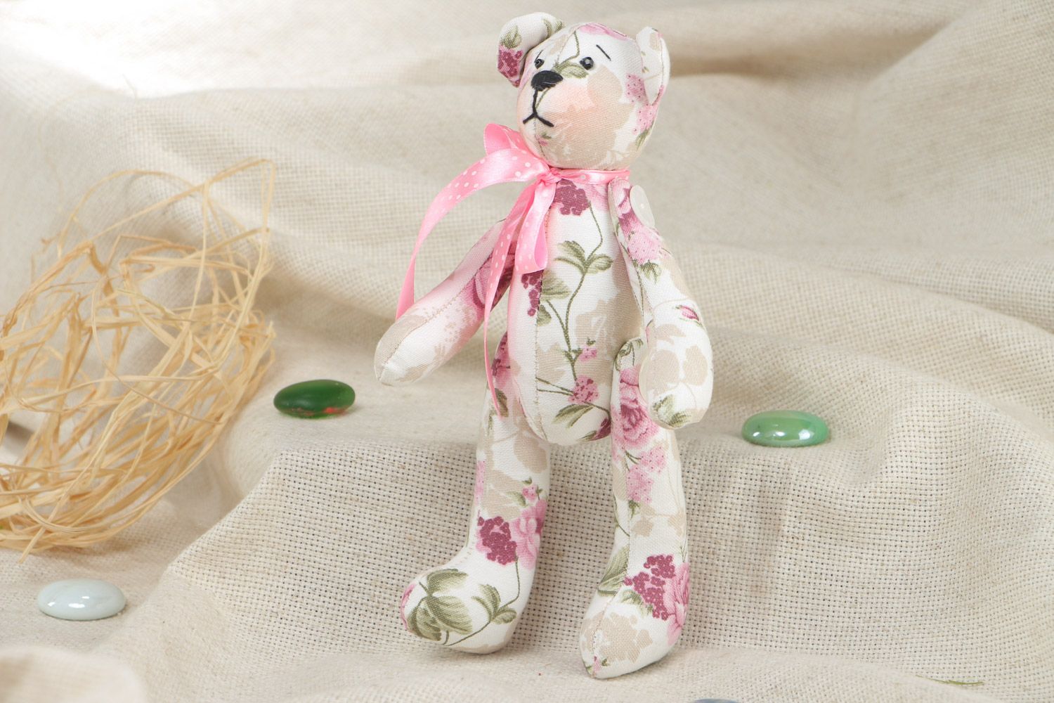 Handmade soft toy bear sewn of cotton fabric with light floral print photo 1