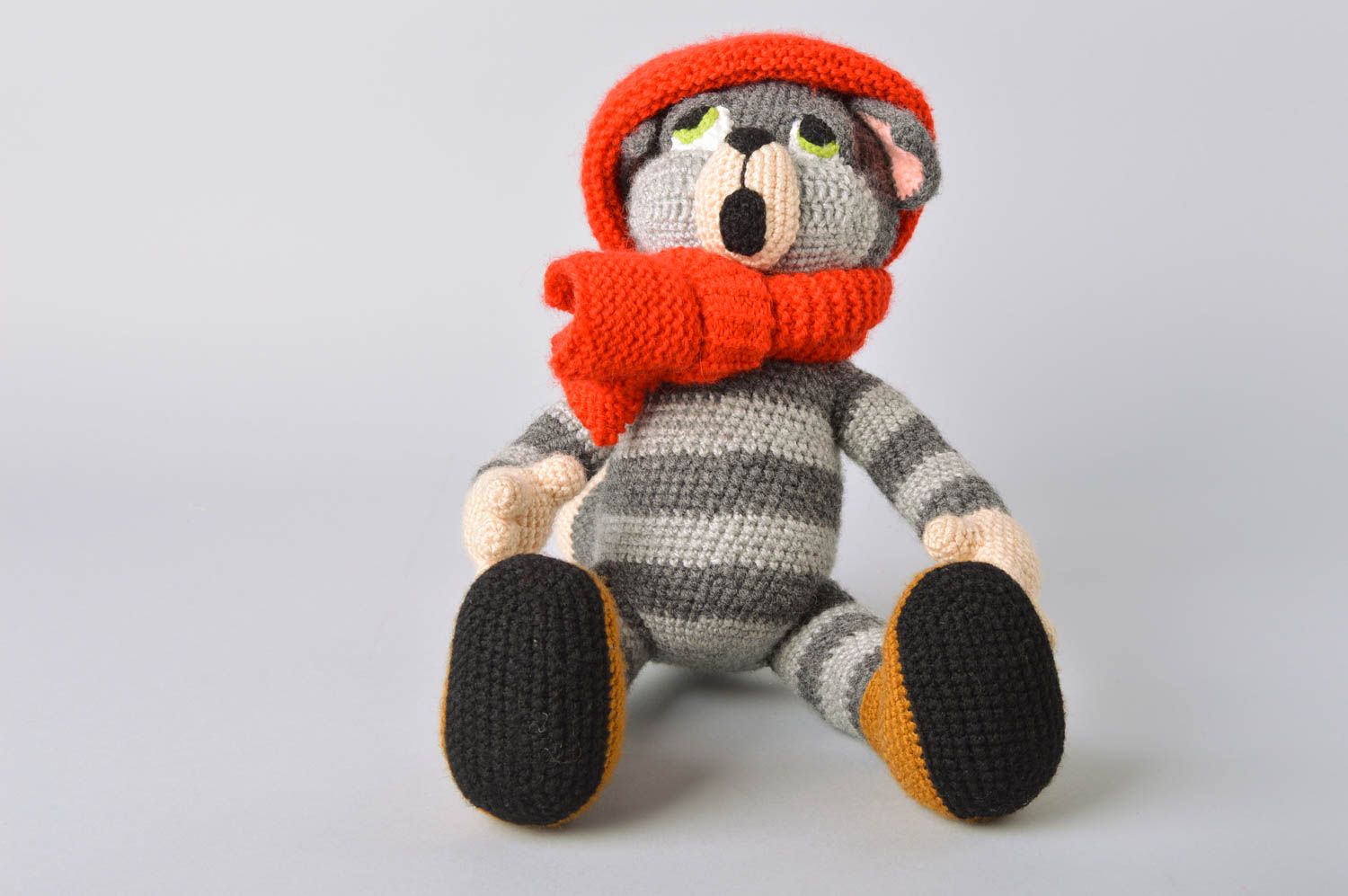 Handmade designer crochet toy striped gray cat in red hat and scarf photo 3