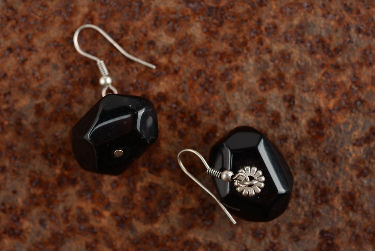 Earrings with black agate stone photo 1