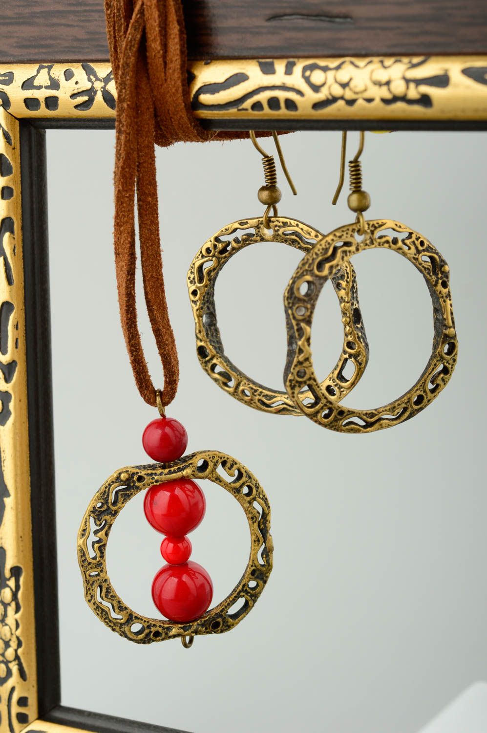Parure de Bijoux en bronze fait main avec pierres Boucles d'oreilles pendentif photo 1